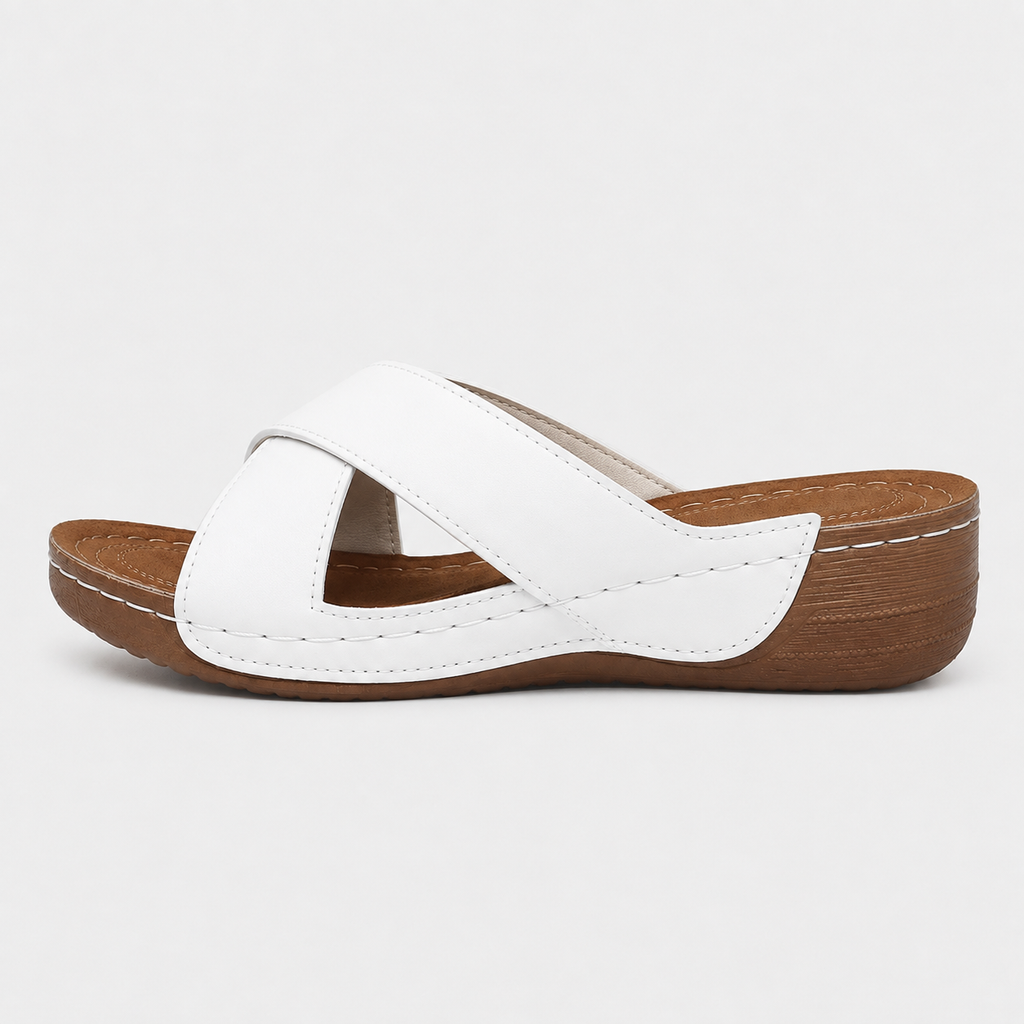 Women's Beige Cross-Strap Wedge Slide Sandals
