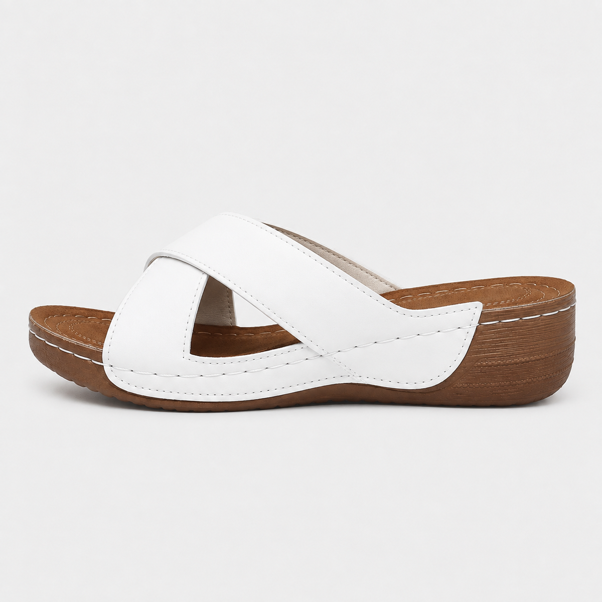 Women's Beige Cross-Strap Wedge Slide Sandals