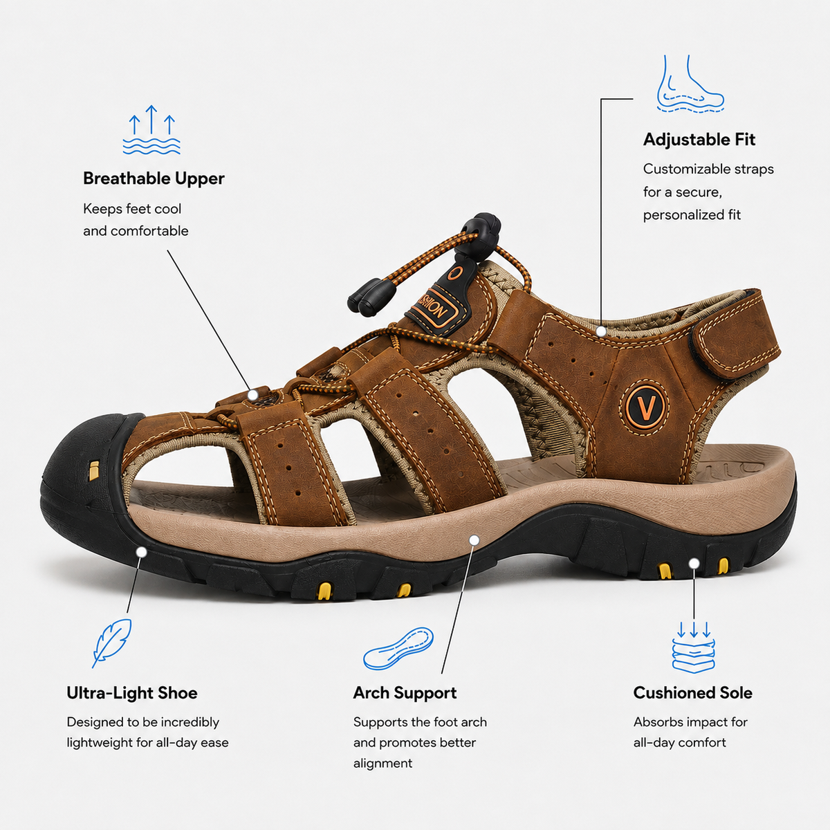 Men's Brown Closed-Toe Outdoor Sandals with Elastic Band