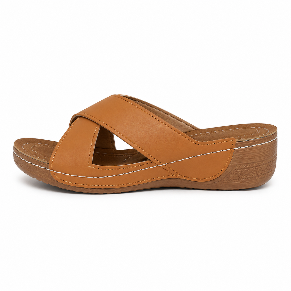 Women's Beige Cross-Strap Wedge Slide Sandals