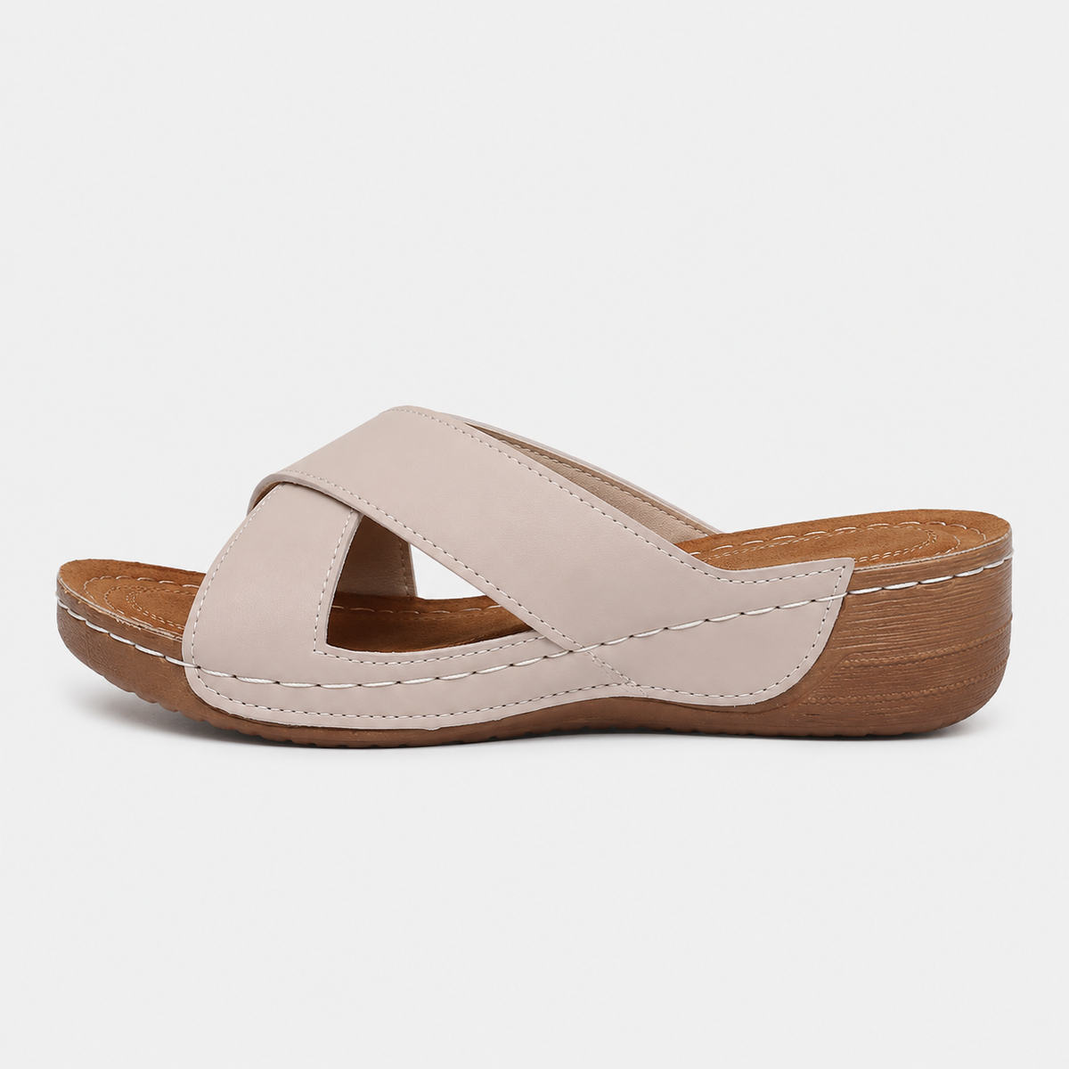 Women's Beige Cross-Strap Wedge Slide Sandals