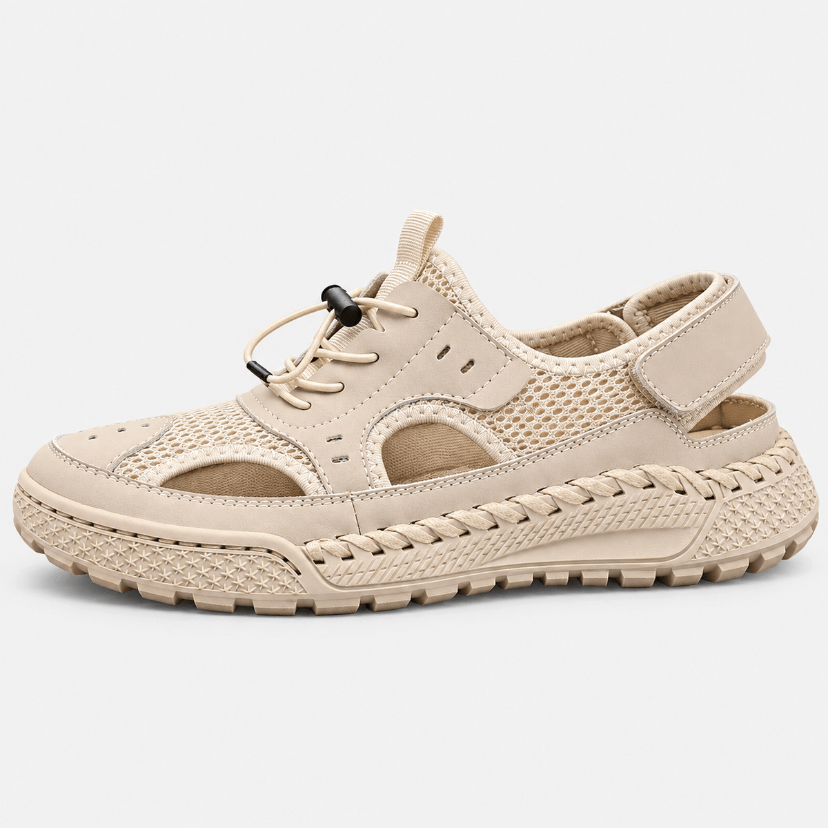 MyOrhtopedicFit Men's Beige Closed Toe Split Leather Mesh Outdoor Sandals
